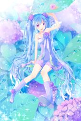 Rule 34 | 1girl, arm up, armpits, bad id, bad pixiv id, blue hair, boots, dress, fairy, fairy wings, flower, hair flower, hair ornament, hatsune miku, highres, hydrangea, leaf, long hair, mini person, minigirl, okitsune (okitsune-sama), open mouth, rubber boots, snail, solo, strapless, strapless dress, twintails, umbrella, very long hair, vocaloid, wings