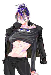 Rule 34 | 1boy, abs, bad id, bad pixiv id, black hair, clothes lift, facial mark, folded ponytail, looking down, male focus, muscular, one-punch man, onsoku no sonic, scar, shirt lift, solo, wani (wanwan)
