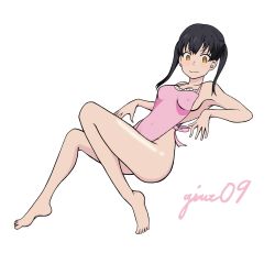 Rule 34 | 1girl, apron, arm rest, armpits, artist name, ass, barefoot, black hair, breasts, closed mouth, covered erect nipples, covered navel, deviantartmossington, en&#039;en no shouboutai, eyelashes, feet, female focus, full body, happy, highres, knee up, legs, long hair, looking down, lying, medium breasts, naked apron, neck, no bra, no panties, outstretched arms, pink apron, shiny skin, simple background, smile, spread arms, spread legs, tamaki kotatsu, thighs, tiptoes, toenails, toes, twintails, white background, yellow eyes