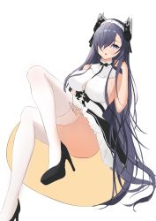 Rule 34 | 1220887331, 1girl, absurdres, august von parseval (azur lane), august von parseval (the conquered unhulde) (azur lane), azur lane, bare arms, bare shoulders, between breasts, black footwear, breasts, center opening, commentary request, constricted pupils, cross-laced clothes, dress, eyelashes, forehead, frilled dress, frills, full body, hair ornament, hair over one eye, high heels, highres, knee up, large breasts, long hair, open mouth, pumps, purple eyes, simple background, sitting, sleeveless, solo, thighhighs, thighs, white background, white thighhighs