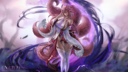 Rule 34 | 1girl, animal ears, bare shoulders, blue sky, blush, breasts, cherry blossoms, cowboy shot, day, detached sleeves, fox ears, genshin impact, hair between eyes, hair ornament, hand on own chest, high-waist skirt, jewelry, large breasts, long hair, long sleeves, looking at viewer, necklace, outdoors, parted lips, petals, pink hair, purple eyes, red skirt, self-upload, sideboob, signature, skirt, sky, solo, sparkle, sunlight, unravel page, very long hair, wide sleeves, yae miko
