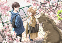 Rule 34 | 1boy, 1girl, arm up, backpack, bag, black pants, blue coat, blue pants, blurry, blurry foreground, branch, brown eyes, brown hair, cat, cherry blossoms, coat, commentary request, feet out of frame, from above, handrail, hands in pockets, highres, hood, hood down, hooded coat, jacket, light blush, light brown hair, light smile, long sleeves, looking at another, medium hair, open clothes, open jacket, open mouth, original, pants, road, satchel, sett, shirt, signature, soragane (banisinngurei), spring (season), street, striped clothes, striped shirt, yellow coat