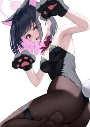 1girl absurdres alternate_costume animal_ears bare_shoulders black_hair blue_archive breasts brown_pantyhose cat_ears cat_girl colored_inner_hair commentary extra_ears fake_tail hair_ornament hairclip halo highres kazusa_(blue_archive) kurone_(kurone_ryuo) legs leotard looking_at_viewer multicolored_hair pantyhose pink_hair pink_halo playboy_bunny rabbit_tail short_hair small_breasts solo tail thighs two-tone_hair