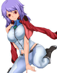 Rule 34 | 00s, 1girl, anew returner, belt, boots, breasts, gundam, gundam 00, jacket, jacket on shoulders, large breasts, pants, purple hair, red eyes, rokuichi, sitting, skin tight, solo