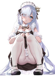 Rule 34 | 1girl, absurdres, azur lane, black dress, black footwear, blue eyes, blush, breasts, classic (zildjian33), cleavage, commentary request, crotch, crown hair ornament, detached collar, dress, grey hair, hair over one eye, highres, janus (azur lane), long hair, looking at viewer, maid, maid headdress, open mouth, pantyhose, sidelocks, simple background, small breasts, solo, squatting, thighs, very long hair, white background, white pantyhose, wrist cuffs