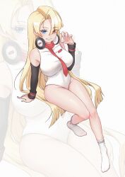 Rule 34 | 1girl, arm support, bare legs, black sleeves, blonde hair, blue eyes, blunt ends, breasts, commentary, covered collarbone, covered navel, detached sleeves, english commentary, eyelashes, feet, full body, ghhoward, hair between eyes, hair over one eye, hand up, headphones, headphones around neck, highres, impossible clothes, invisible chair, knees together feet apart, large breasts, legs, leotard, long hair, looking at viewer, necktie, no shoes, original, paid reward available, parted bangs, red necktie, ribbed socks, shiny skin, sitting, socks, solo, teeth, thighs, toes, very long hair, white leotard, white socks, zoom layer