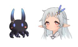 Rule 34 | + +, 1girl, blush, commentary request, creature, cropped head, grey hair, hair ornament, koebushi (mat), long hair, looking at viewer, original, pointy ears, red eyes, simple background, smile, white background