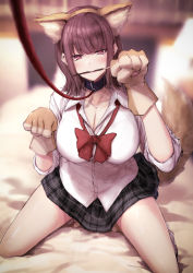 Rule 34 | 1girl, absurdres, animal ears, animal hands, barefoot, bdsm, blush, breasts, brown eyes, brown hair, cleavage, collar, dog ears, dog tail, fake animal ears, gloves, heart, heart-shaped pupils, highres, kneeling, large breasts, leash, long hair, looking at viewer, neck ribbon, original, paw gloves, pet play, pocky day, ribbon, school uniform, skirt, slave, solo, suien, symbol-shaped pupils, tail