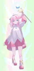 Rule 34 | 1girl, absurdres, ahoge, blush, boots, final fantasy, final fantasy fables, full body, hair between eyes, hair ornament, hall jion, highres, holding, holding staff, hood, hood down, jewelry, long sleeves, looking at viewer, medium hair, pink hair, shirma, solo, staff, white mage (final fantasy), wide sleeves