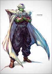Rule 34 | 1boy, artist name, black eyes, cape, colored skin, crossed arms, dragon ball, dragonball z, full body, gradient background, green skin, grey background, k-suwabe, long hair, looking at viewer, namekian, piccolo, pointy ears, solo, standing, turban, white cape