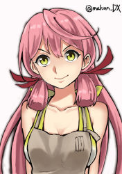 Rule 34 | 1girl, akashi (kancolle), apron, bare shoulders, bikini, collarbone, cropped torso, green eyes, hair ornament, kantai collection, long hair, looking at viewer, maakun (makun dx), official alternate costume, one-hour drawing challenge, pink hair, solo, swimsuit, tassel, tassel hair ornament, twitter username, v-shaped eyebrows