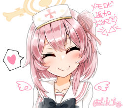 Rule 34 | blue archive, closed mouth, collarbone, commentary request, closed eyes, hair between eyes, halo, hat, heart, medium hair, nurse, nurse cap, pink hair, portrait, serina (blue archive), shiki hicage, simple background, smile, spoken heart, translation request, twitter username, white background
