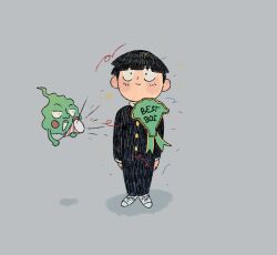 Rule 34 | 1boy, badge, black hair, bowl cut, closed mouth, commentary, cutystuffy, ekubo (mob psycho 100), english commentary, english text, full body, gakuran, grey background, holding, holding party popper, kageyama shigeo, long sleeves, male focus, mob psycho 100, pants, party popper, school uniform, short hair, simple background, smile, spirit, standing
