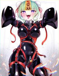 Rule 34 | 1girl, absurdres, bdsm, bdsm outfit, blush, bodysuit, chain, collar, crotch zipper, double bun, grey hair, hair bun, harness, highres, jiangshi, latex, latex bodysuit, lock, maguro27, metal collar, mixed-language commentary, ofuda, original, outstretched arms, padlock, piercing, purple eyes, saliva, shiny clothes, skin tight, sleeves past wrists, solo, tongue, tongue out, tongue piercing, zipper, zombie pose