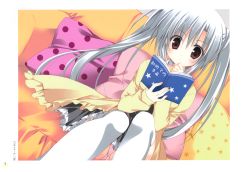 Rule 34 | 1girl, absurdres, book, coat, couch, elni, hand on own chin, highres, holding, holding book, korie riko, long sleeves, open book, panties, pantyshot, pillow, pink panties, purple eyes, reading, sitting, thighhighs, tsuki tsuki!, twintails, underwear, white hair, white thighhighs