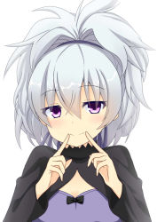 Rule 34 | 1girl, closed mouth, commentary request, darker than black, dress, hair ribbon, idatenmaru, long hair, looking at viewer, ponytail, purple dress, purple eyes, ribbon, silver hair, simple background, smile, solo, white background, yin (darker than black)
