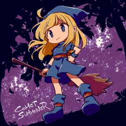 Rule 34 | 1girl, ahoge, blonde hair, blue dress, blue eyes, blue footwear, blue headwear, broom, closed mouth, dress, english text, full body, hand on own hip, holding, holding broom, long hair, lowres, puyopuyo, rakuni, short sleeves, solo, standing, witch (puyopuyo), wristband