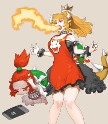Rule 34 | 2girls, apron, black dress, black nails, blonde hair, bowser jr., bowser logo, bowsette, bracelet, breath weapon, breathing fire, child, collar, dress, earrings, fang, fire, hands on own head, horns, jewelry, mario (series), mother and daughter, multiple girls, nail polish, new super mario bros. u deluxe, nintendo, nintendo switch, red hair, shell, short ponytail, shouting, spiked bracelet, spiked collar, spikes, super crown, tearing up, tetuhei