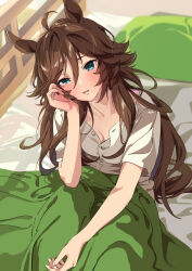 Rule 34 | 1girl, ahoge, animal ears, bed, blanket, blurry, blurry background, blush, breasts, brown hair, buttons, cleavage, feet out of frame, green eyes, hair between eyes, head tilt, horse ears, indoors, long hair, looking at viewer, misu kasumi, mr. c.b. (umamusume), on bed, open mouth, pillow, shirt, short sleeves, sitting, small breasts, solo, umamusume, waking up, white shirt