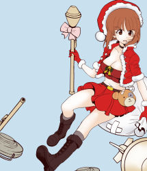 Rule 34 | 1girl, alternate costume, belt, black belt, black choker, black footwear, blue background, boko (girls und panzer), bomb, boots, bow, brown eyes, brown hair, choker, christmas, combat boots, commentary request, crop top, cross-laced footwear, explosive, floating, frown, fur-trimmed jacket, fur trim, girls und panzer, gloves, grey socks, hat, high-explosive anti-tank (warhead), highres, holding, holding sack, holding weapon, jacket, lace-up boots, man-portable anti-tank systems, medium hair, midriff, mine (weapon), miniskirt, navel, nishizumi miho, open mouth, panzerfaust, pink bow, pleated skirt, recoilless gun, red gloves, red hat, red jacket, red shirt, red skirt, sack, santa costume, santa gloves, santa hat, shirt, short hair, short sleeves, simple background, skirt, socks, solo, star ornament, sweatdrop, weapon, yoyokkun