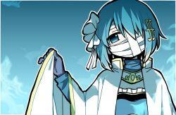 Rule 34 | 1girl, bandaged head, bandages, blue background, blue eyes, blue gloves, blue hair, blue shirt, border, bow, cape, cape hold, collared cape, covered mouth, fortissimo, frills, gloves, hair bow, hair ornament, hand up, hoyofu, magical girl, mahou shoujo madoka magica, mahou shoujo madoka magica: walpurgis no kaiten, miki sayaka, musical note, musical note hair ornament, one eye covered, outline, shirt, short hair, solo, turtleneck, upper body, white border, white bow, white cape, white outline