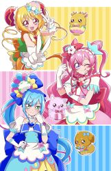 Rule 34 | ;q, absurdres, ascot, back bow, blonde hair, blue ascot, blue bow, blue dress, blue hair, bow, bowtie, brooch, bun cover, china dress, chinese clothes, choker, clenched hand, closed mouth, commentary request, cure precious, cure spicy, cure yum-yum, delicious party precure, double v, dress, earrings, frilled hairband, frills, fuwa kokone, gloves, green eyes, hair bow, hair bun, hairband, hanamichi ran, hand on own arm, hand on own hip, heart, heart brooch, highres, huge bow, jewelry, long hair, looking at viewer, magical girl, multicolored hair, nagomi yui, neck ribbon, one eye closed, open mouth, orange bow, orange dress, partial commentary, pink dress, pink hair, precure, puffy short sleeves, puffy sleeves, purple eyes, red bow, red choker, red eyes, red ribbon, ribbon, rope, short hair, short sleeves, side ponytail, sleeveless, sleeveless dress, smile, standing, streaked hair, tongue, tongue out, triple bun, two side up, usoco, v, very long hair, white gloves, yellow bow, yellow bowtie