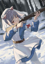 Rule 34 | 1girl, absurdres, aiming, animal ears, apron, armband, belt, blue dress, bolt action, borrowed character, closed mouth, cross, day, dress, dutch angle, fkey (style), grey hair, gun, highres, holding, holding gun, holding weapon, long sleeves, mauser 98, one eye closed, original, outdoors, pantyhose, qianqiu wanxia, red cross, red eyes, rifle, short hair, sidelocks, snow, solo, standing, sunlight, v-shaped eyebrows, veil, weapon, weapon request, white apron, white armband, white pantyhose