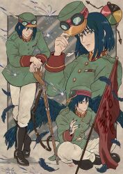 Rule 34 | 1boy, blue hair, blue nails, blue wings, boots, closed mouth, feathered wings, fingernails, green hat, green jacket, gun, hair between eyes, hat, highres, hitomin (joutaro195), howl (howl no ugoku shiro), howl no ugoku shiro, jacket, medium hair, military, military uniform, open mouth, pants, red trim, rifle, sharp fingernails, smile, solo, uniform, weapon, white pants, wings