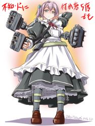 Rule 34 | 10s, 1girl, aiming, aiming at viewer, alternate costume, apron, arm up, belt, blue eyes, brown footwear, commentary request, dress, enmaided, frilled apron, frills, full body, grey legwear, gun, hair ornament, holding, holding gun, holding weapon, kantai collection, loafers, long skirt, long sleeves, looking at viewer, machinery, maid, maid apron, pink hair, ponytail, puffy long sleeves, puffy sleeves, shaded face, shiranui (kancolle), shoes, short hair, short ponytail, simple background, skirt, solo, standing, tatsumi ray, torpedo, translation request, turret, twitter username, weapon, white background