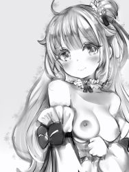 Rule 34 | 1girl, ahoge, azur lane, bad id, bad pixiv id, bare shoulders, blush, bow, breasts, character request, check character, closed mouth, detached collar, detached sleeves, embarrassed, greyscale, hair ornament, highres, long hair, long sleeves, looking at viewer, medium breasts, monochrome, nanashi (nlo), nipples, solo, topless, unicorn (azur lane)