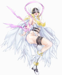 Rule 34 | 1girl, angel wings, angewomon, asymmetrical clothes, bandai, bare shoulders, belt, blonde hair, boots, breasts, cleavage, covered eyes, curvy, digimon, digimon adventure, female focus, full body, gloves, head wings, helmet, high heels, highres, large breasts, long hair, multiple wings, navel, open mouth, ribbon, simple background, smile, solo, thigh strap, winged helmet, wings