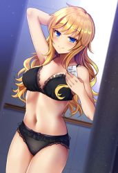 Rule 34 | 1girl, arm up, bare arms, bare shoulders, black bra, black panties, blonde hair, blue eyes, blush, bra, breasts, cleavage, closed mouth, collarbone, commentary request, cowboy shot, frills, highres, idolmaster, idolmaster cinderella girls, indoors, light particles, long hair, looking at viewer, medium breasts, navel, ohtsuki yui, panties, smile, solo, standing, stomach, underwear, underwear only, z.nov
