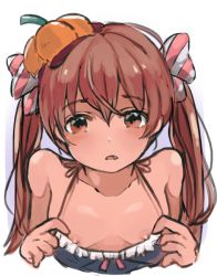 Rule 34 | 10s, 1girl, blush, breasts, brown eyes, brown hair, collarbone, dark-skinned female, dark skin, fang, hair ribbon, hat, kantai collection, libeccio (kancolle), long hair, looking at viewer, mini hat, nipples, no bra, pumpkin hat, ribbon, small breasts, solo, toi (toiot), twintails