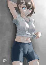 Rule 34 | 1girl, abs, against wall, arm behind head, arm up, blue eyes, blush, breasts, brown hair, clothes lift, collarbone, commentary, din (pixiv25800872), grey background, gym uniform, hair between eyes, looking at viewer, midriff, navel, original, parted lips, shirt, shirt lift, short hair, shorts, signature, stained clothes, summer, sweat, sweaty clothes, t-shirt, thighs, wet
