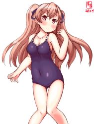 Rule 34 | 1girl, alternate costume, artist logo, blue one-piece swimsuit, breasts, brown eyes, cleavage, collarbone, commentary request, competition school swimsuit, covered navel, cowboy shot, dated, gluteal fold, hair ornament, highres, johnston (kancolle), kanon (kurogane knights), kantai collection, knees together feet apart, legs together, light brown hair, long hair, looking at viewer, medium breasts, one-piece swimsuit, school swimsuit, simple background, solo, swimsuit, thigh gap, two side up, white background