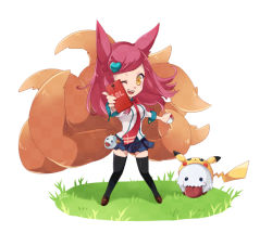 Rule 34 | 1girl, academy ahri, ahri (league of legends), animal ears, black thighhighs, breasts, cellphone, chibi, cosplay, creatures (company), facial mark, fox ears, fox tail, game freak, gen 1 pokemon, hair ornament, hairclip, heart, heart hair ornament, kakip, large breasts, league of legends, long hair, looking at viewer, multiple tails, necktie, nintendo, one eye closed, open mouth, phone, pikachu, pikachu (cosplay), poke ball, pokemon, red hair, red necktie, school uniform, skirt, solo, tail, thighhighs, whisker markings, yellow eyes