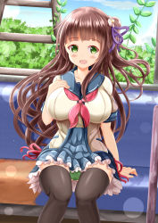 Rule 34 | 1girl, :d, black thighhighs, blue sailor collar, blue skirt, blush, breasts, brown hair, collarbone, commentary request, day, feet out of frame, flower, gluteal fold, gochuumon wa usagi desu ka?, green eyes, green panties, hair flower, hair ornament, hair ribbon, hand on own chest, hand up, highres, large breasts, long hair, looking at viewer, neckerchief, one side up, open mouth, panties, pleated skirt, purple ribbon, red neckerchief, ribbon, sailor collar, sitting, skirt, smile, solo, thighhighs, ujimatsu chiya, underwear, very long hair, white flower, xenon (for achieve)