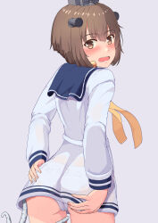 Rule 34 | absurdres, ass, blue sailor collar, blush, brown eyes, brown hair, clothes writing, dress, from above, good ass day, highres, kantai collection, looking at viewer, looking back, neckerchief, nose blush, open mouth, panties, sailor collar, sailor dress, see-through, see-through dress, short hair, speaking tube headset, tentacles, tsukimoto reiji, underwear, white panties, yellow neckerchief, yukikaze (kancolle)