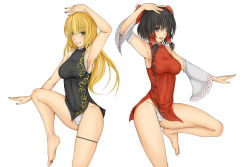 Rule 34 | 2girls, arm up, armpits, ascot, bare shoulders, barefoot, blonde hair, bow, braid, breasts, china dress, chinese clothes, cookin, cowboy shot, detached sleeves, dress, fighting stance, hair bow, hair tubes, hakurei reimu, kirisame marisa, large breasts, leg up, long hair, looking at viewer, martial arts, medium breasts, microdress, multiple girls, navel, open mouth, panties, quipao, side-tie panties, single braid, smile, soles, standing, standing on one leg, touhou, underwear, wide sleeves