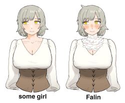 1girl blush breasts brown_hair cleavage closed_mouth co1fee dungeon_meshi falin_touden falin_touden_(tallman) highres large_breasts long_sleeves looking_at_viewer meme oh_it&#039;s_just_some_girl_(meme) short_hair simple_background smile solo white_background yellow_eyes