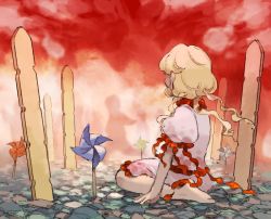 Rule 34 | 1girl, 1other, barefoot, blonde hair, child, cobblestone, dress, earlobes, ebisu eika, frills, from side, grave, hands on ground, in-universe location, kaigen 1025, long earlobes, long hair, looking at another, looking away, looking to the side, pinwheel, planted, puffy short sleeves, puffy sleeves, rock, seiza, shirt, short sleeves, silhouette, sitting, skirt, solo focus, sotoba, touhou, white shirt, wily beast and weakest creature
