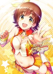 Rule 34 | 1girl, :d, blush, boots, breasts, brown eyes, brown hair, character name, cleavage, collarbone, commentary, crop top, date pun, groin, happy birthday, highres, honda mio, idol clothes, idolmaster, idolmaster cinderella girls, jumping, large breasts, looking at viewer, ment, miniskirt, navel, necktie, number pun, open mouth, orange skirt, short hair, skirt, smile, solo, star (symbol), striped clothes, striped thighhighs, sunset nostalgie, thighhighs, w, white thighhighs, wrist cuffs, yellow background