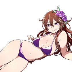 Rule 34 | 10s, 1girl, bikini, breasts, brown hair, chan co, cleavage, cowboy shot, flower, granblue fantasy, hair between eyes, hair flower, hair ornament, large breasts, long hair, looking at viewer, lying, on side, purple bikini, purple eyes, rosetta (granblue fantasy), simple background, smile, solo, swimsuit, white background