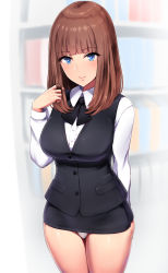 Rule 34 | 1girl, blue eyes, blunt bangs, blush, breasts, brown hair, closed mouth, covered navel, eyes visible through hair, formal, twirling hair, highres, ishimiso (ishimura), lanyard, large breasts, long hair, looking at viewer, microskirt, office lady, original, panties, pantyshot, pencil skirt, playing with own hair, skirt, smile, solo, standing, underwear, vest