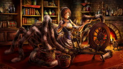 Rule 34 | 1girl, arthropod girl, basket, book, bookshelf, bottle, brick wall, brown hair, candle, candlestand, carpet, chalice, closed eyes, cup, dragon&#039;s crown, dress, fantasy, fire, fireplace, game cg, highres, holding, indoors, insect girl, murakami akira, official art, plate, silk, solo, spider girl, spinning wheel, treasure chest, wood