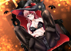 Rule 34 | 1girl, alternate costume, bare shoulders, bat (animal), bat wings, bespectacled, black bra, black panties, black pantyhose, blush, bra, breasts, chair, collarbone, commentary request, dutch angle, finger to mouth, flying, full body, glasses, hand on own stomach, hat, head wings, highres, koakuma, lace, lace-trimmed bra, lace-trimmed panties, lace trim, large breasts, light particles, long hair, looking at viewer, no shoes, panties, panties under pantyhose, pantyhose, pointy ears, red-framed eyewear, red eyes, red hair, sidelocks, sitting, smile, solo, touhou, underwear, underwear only, window, wings, witch hat, yumi (careca398), | |