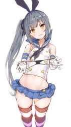 Rule 34 | 1girl, absurdres, black neckerchief, black panties, black ribbon, blue sailor collar, blue skirt, blush, clenched teeth, cosplay, crop top, elbow gloves, feet out of frame, gloves, grey hair, hair ribbon, highres, holding, holding clothes, holding panties, holding underwear, kantai collection, kasumi (kancolle), long hair, miniskirt, navel, neckerchief, panties, pleated skirt, ribbon, ryo (tg290), sailor collar, school uniform, serafuku, shimakaze (kancolle), shimakaze (kancolle) (cosplay), side ponytail, simple background, skirt, sleeveless, solo, striped clothes, striped thighhighs, teeth, thighhighs, underwear, unworn panties, white background, white gloves, yellow eyes