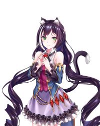 Rule 34 | 1girl, animal ear fluff, animal ears, bad id, bad pixiv id, bare shoulders, black hair, blush, breasts, cat ears, cat girl, cat tail, closed mouth, commentary request, cowboy shot, detached sleeves, dress, frilled dress, frills, gem, green eyes, highres, karyl (princess connect!), long hair, long sleeves, looking at viewer, low twintails, medium breasts, multicolored hair, n15e, open mouth, own hands together, princess connect!, purple dress, simple background, sleeveless, sleeveless dress, smile, solo, standing, streaked hair, tail, tail raised, twintails, very long hair, white background, white hair