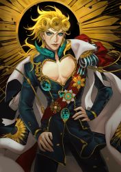Rule 34 | 1boy, aged up, blonde hair, blue eyes, braid, bug, cape, cleavage cutout, clothing cutout, giorno giovanna, highres, insect, jojo no kimyou na bouken, ladybug, male focus, messy hair, pectoral cleavage, pectorals, sash, shoulder sash, smile, solo, ultracat, vento aureo, wavy hair, white cape, wing ornament