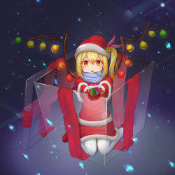 Rule 34 | 1girl, absurdres, alternate costume, blonde hair, box, christmas ornaments, flandre (kaibutsu oujo), flandre scarlet, full body, gift, gift box, hat, highres, in box, in container, lkjun (jg010118), pantyhose, santa costume, santa hat, sitting, solo, touhou, white pantyhose